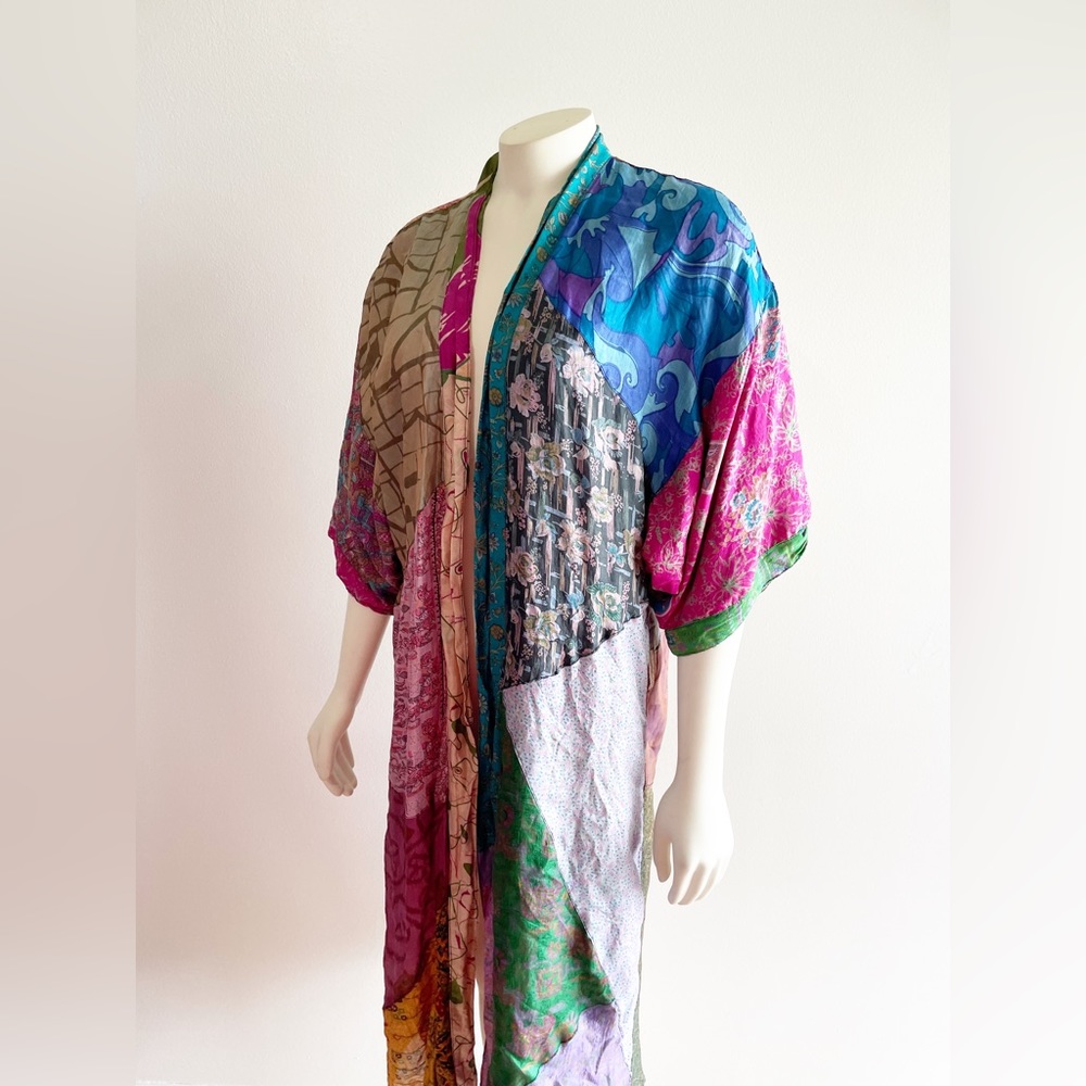 Sacred Threads Silk Kimono Robe Multicolor Patchwork Small - Picture 14 of 16